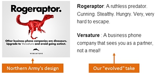 Versature Telco Dinosaur ads - evolved by DenVan and Brandvelope